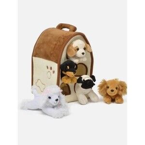 Plush Dog House Carrying Case with Five Stuffed Animal Dogs Puppies